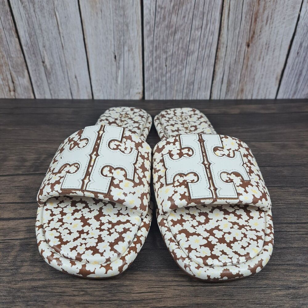 Tory Burch Double T Sport Slide Tumbled Leather Floral Print Women's Sz 9 (VGC) - Picture 2 of 8